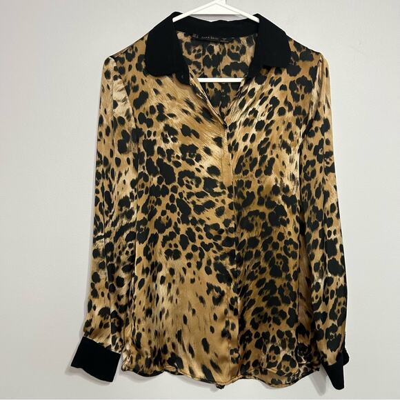 Zara Animal Leopard Print Top Blouse Black Tan Faux Silk Women’s Size Medium - Picture 2 of 5